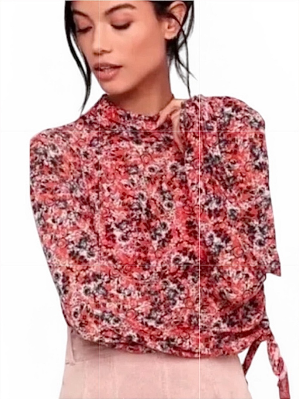 Free People All Dolled Up Top Red Combo Open Back Sheer Tie Cuffs Size Medium